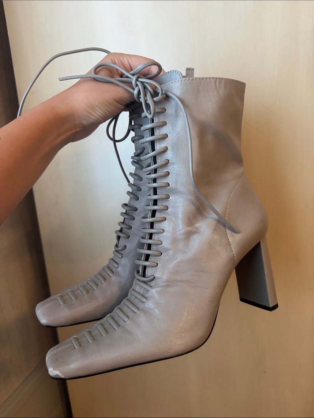 Zara Light Gray Lace-Up Block Heel Ankle Boots